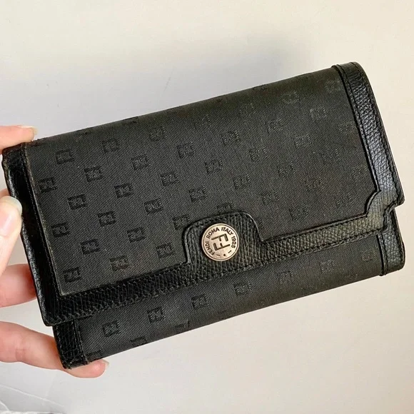 Vintage 70s Fendi Logo Print Fabric Wallet Black - Picture 1 of 8